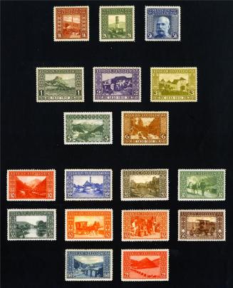 Koloman Moser, Briefmarken (1906–1918), 1906, Buchdruck in Farbe, Blattmaße: 3 Stück: 3 × 3 cm, ...