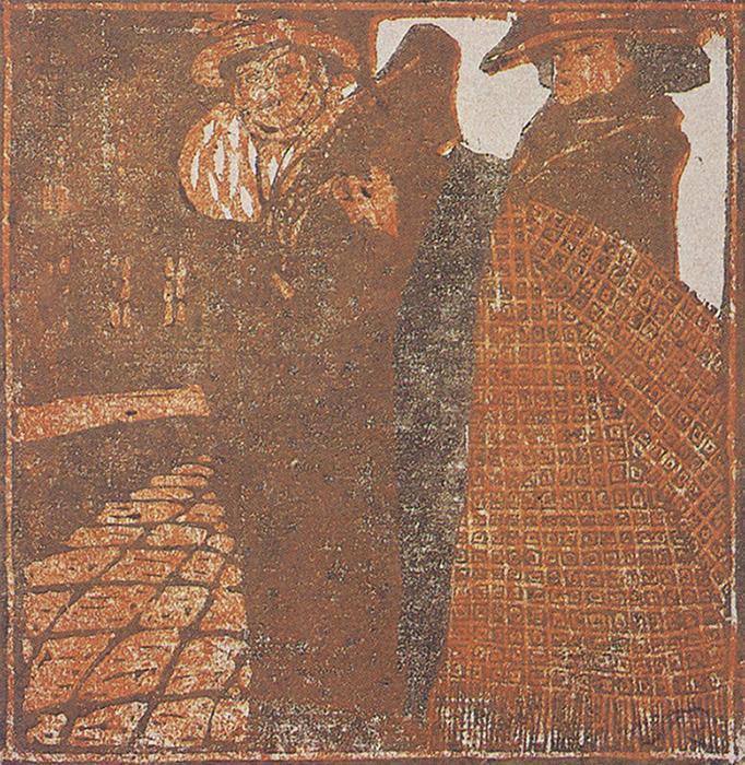 Koloman Moser, Probedruck Drei Frauen an einer Straßenecke, 1903, Farbholzschnitt, Blattmaße: 1 ...