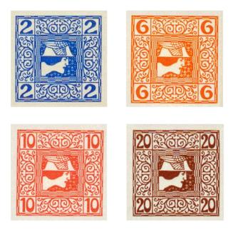 Koloman Moser, Briefmarke "Österreichische Post", 1908, Buchdruck in Farbe, Blattmaße: 2,5 × 2, ...