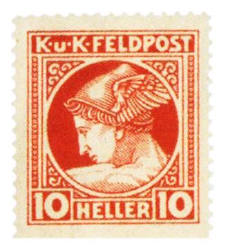Koloman Moser, Briefmarke "K. u. K. Österreichische Feldpost", 1916, Buchdruck in Farbe, Blattm ...