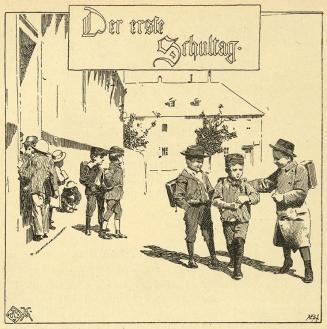 Koloman Moser, Illustration "Der erste Schultag", 1895, Buchdruck, Blattmaße: 19,5 × 14 cm, Öst ...