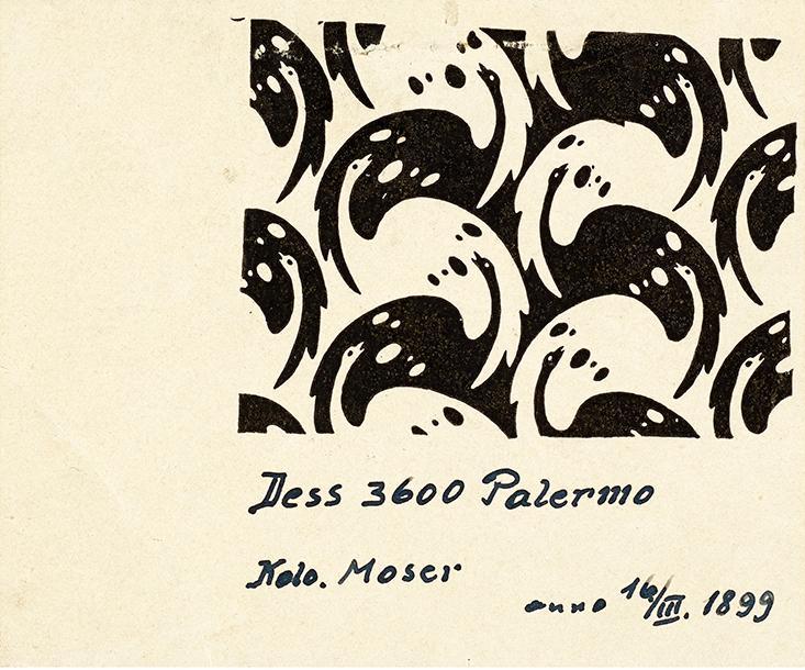 Koloman Moser, Flächenmuster "Der Vogel Bülow", 1899, Druck, Blattmaße: 10,5 × 12,6 cm, Backhau ...