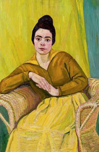 Koloman Moser, Sitzende Dame im Korbstuhl, um 1910, Öl auf Leinwand, 110,5 × 70,5 cm, Privatbes ...
