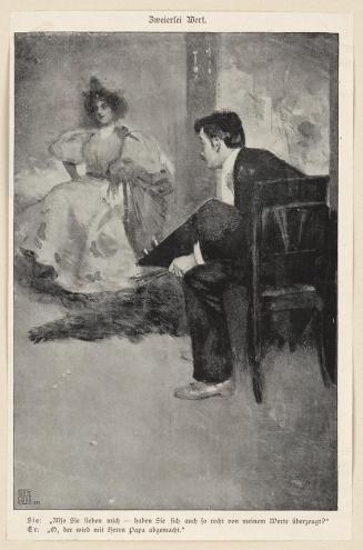 Koloman Moser, Probedruck zur Illustration "Zweierlei Wert", 1896, Klischee, kaschiert auf Kart ...