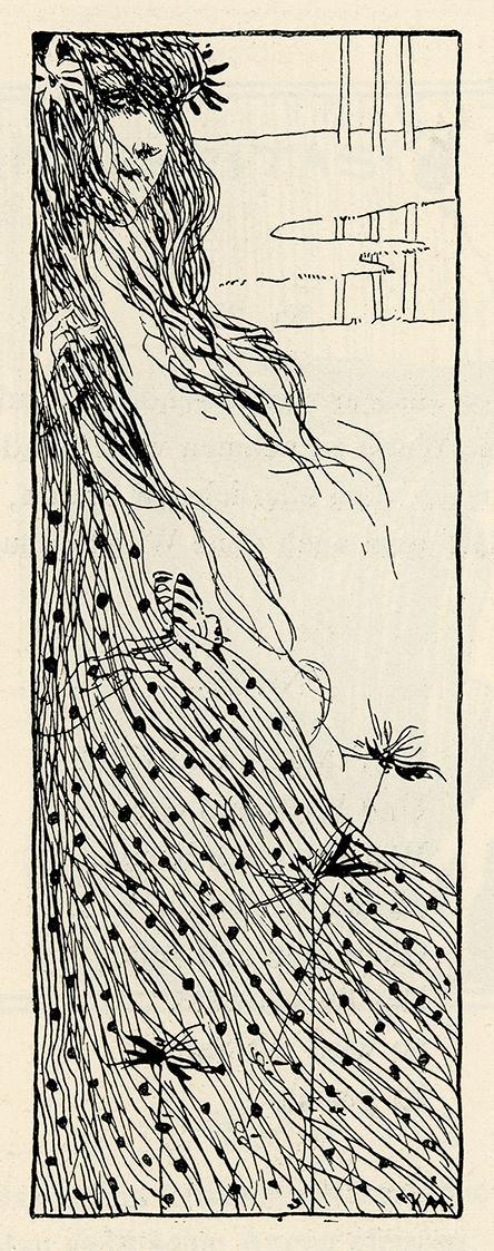 Koloman Moser, Illustration „Mädchen mit Schmetterling“, 1895, Buchdruck, Blattmaße: 18,1 × 11, ...