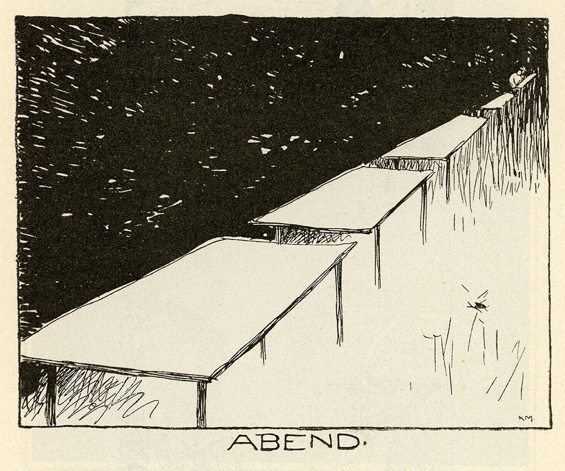 Koloman Moser, Illustration „Abend“, 1895, Buchdruck, Blattmaße: 18,1 × 11,7 cm, WStLa/Künstler ...