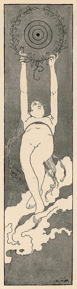 Koloman Moser, Weiblicher Akt mit Zielscheibe, 1896, Buchdruck, Blattmaße: 28 × 14 cm, WStLa/Kü ...