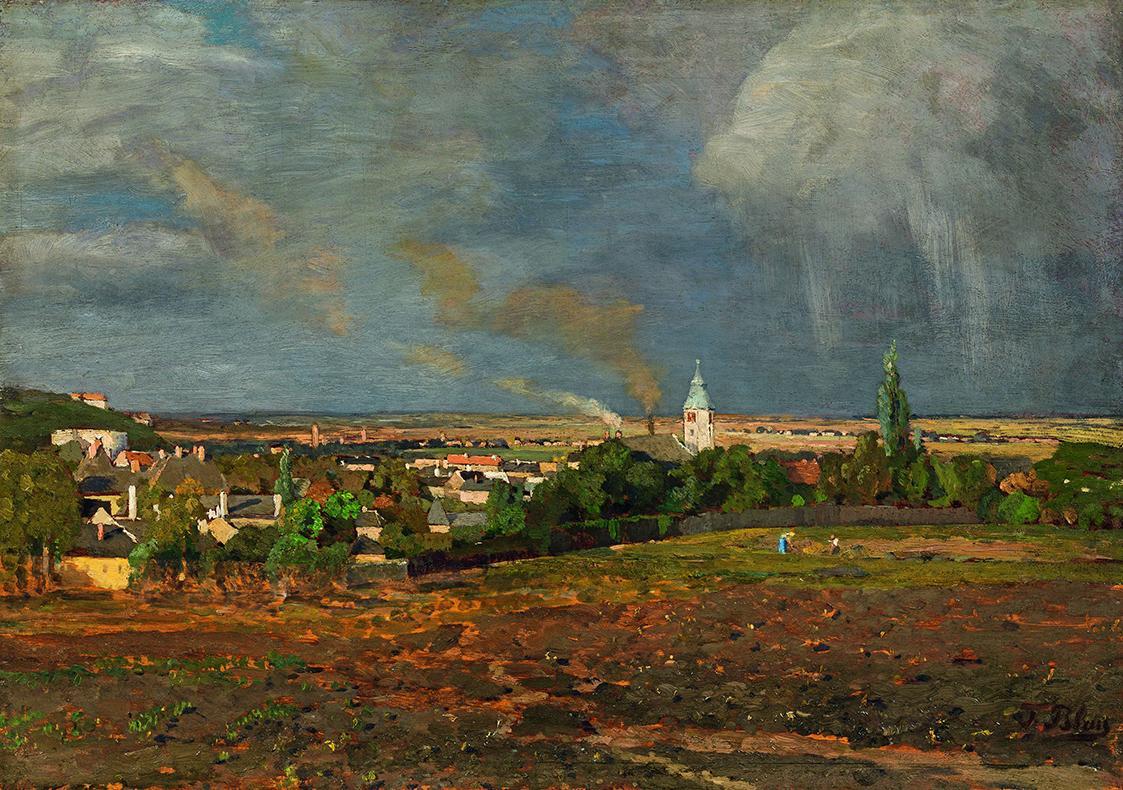 Tina Blau, Gewitter. Heiligenstadt, 1893, Öl auf Holz, 30 × 43,5 cm, Kunsthandel Giese & Schwei ...