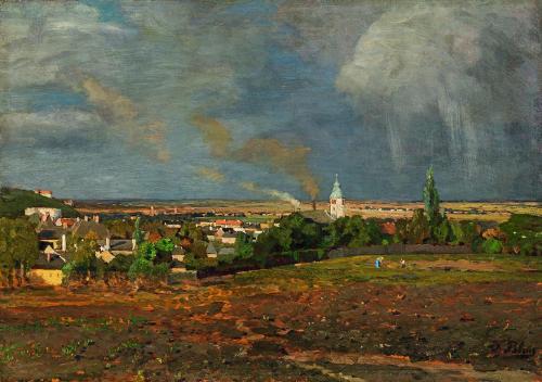 Tina Blau, Gewitter. Heiligenstadt, 1893, Öl auf Holz, 30 × 43,5 cm, Kunsthandel Giese & Schwei ...