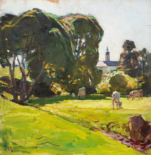 Carl Moll, Schloss Freudenthal / Bruntál, 1924, Öl auf Holz, 35,2 × 34,7 cm, Privatbesitz