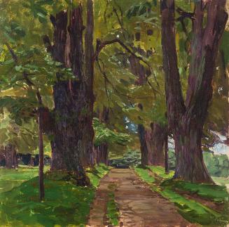 Carl Moll, Landschaft in Freudenthal / Bruntál, 1921 um, Öl auf Holz, 34,5 × 35 cm, Galerie Kov ...