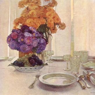 Carl Moll, Frühstückstisch mit Obst und Dahlien, 1911 um, Öl, Unbekannter Besitz