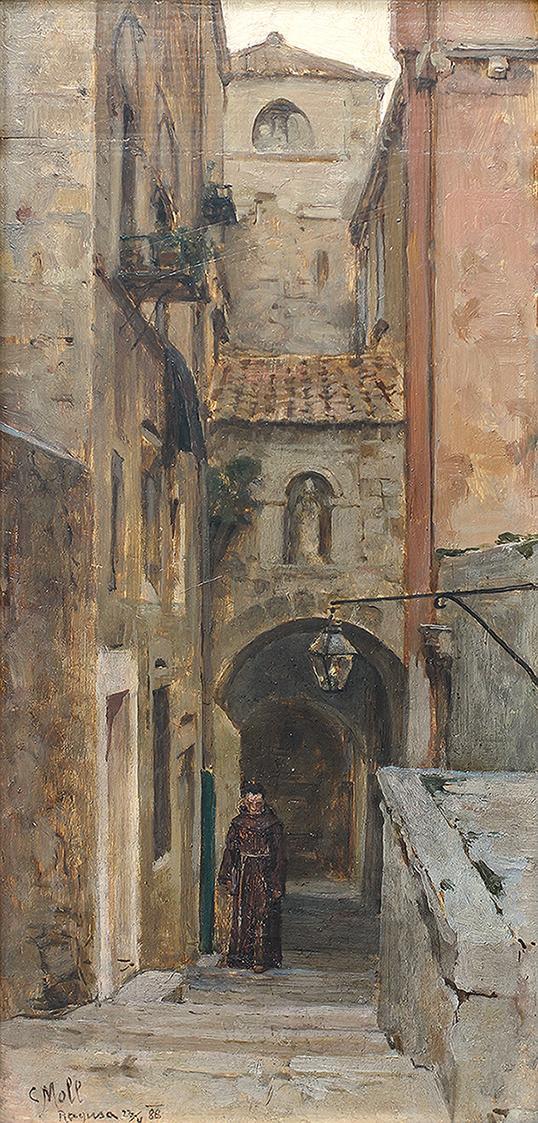 Carl Moll, Enge Gasse mit Schwibbogen in Ragusa, 1888, Öl auf Holz, 36 × 17,5 cm, Privatbesitz  ...