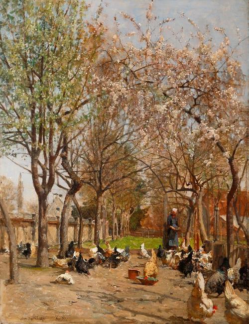 Carl Moll, Hühnerhof im Frühling, 1890, Öl auf Holz, 29,7 × 23 cm, Courtesy im Kinsky, Wien