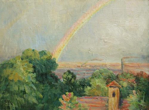 Carl Moll, Blick über Wien nach dem Regen, 1904 / 1905, Öl auf Holz, 18,3 × 24,5 cm, Privatbesi ...