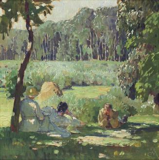 Carl Moll, Rast in der Au (Förev), 1919, Öl auf Holz, 35,2 × 35,5 cm, Privatbesitz Wien
