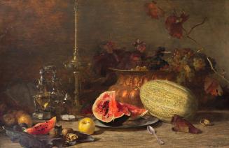 Carl Moll, Stillleben mit Trauben, Nüssen und Melonen, 1889, Öl auf Holz, 61,5 × 95 cm, Unbekan ...