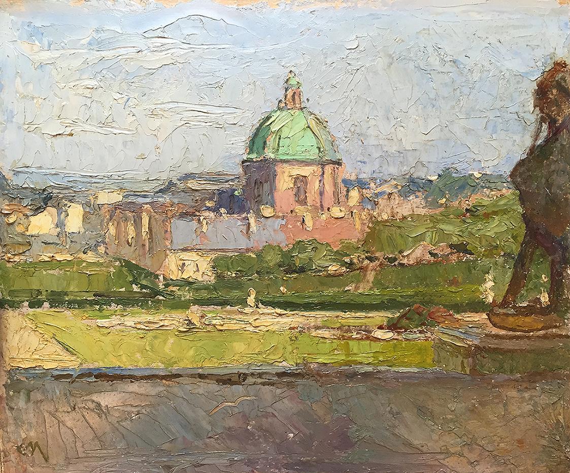 Carl Moll, Blick vom Belvedere Garten auf die Salesianerkirche, 1931, Öl auf Holz, 30 × 35,6 cm ...