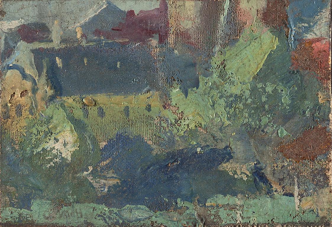 Carl Moll, Studie mit Häusern, 1915 um, Öl auf Leinwand auf Holz kaschiert, 7,5 × 10,5 cm