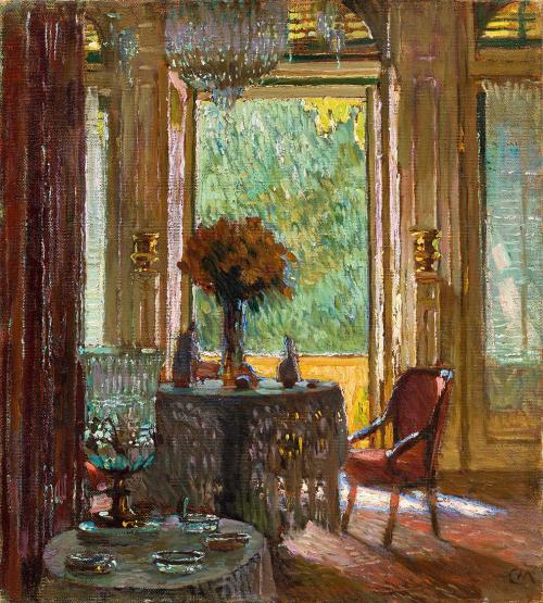 Carl Moll, Interieur mit Blumenstrauß, 1915 um, Öl auf Leinwand, 45,3 × 41,7 cm, Sammlung Richa ...