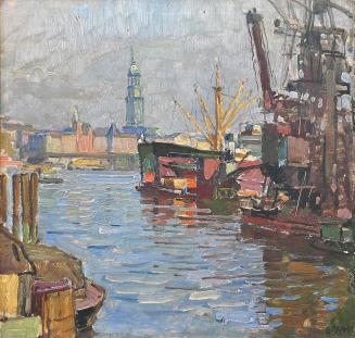 Carl Moll, Hamburger Hafen, 1924 um, Öl auf Holz, 41 × 42 cm, Privatbesitz