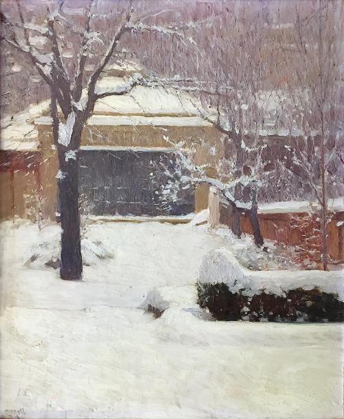 Carl Moll, Verschneites Atelier in der Theresianumgasse, 1901 um, Öltempera auf Holz, 35,8 × 30 ...