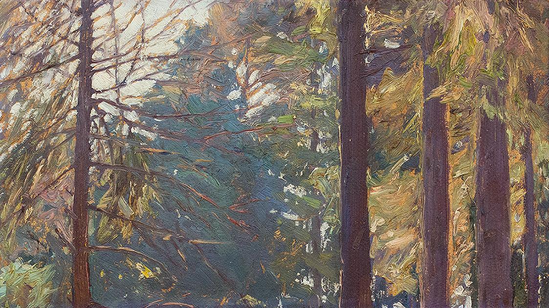 Carl Moll, Studie: Waldinneres, 1940 um, Öl auf Karton, 22,5 × 39,7 cm