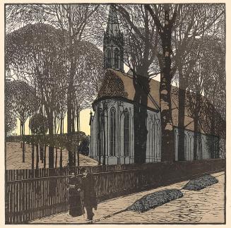 Carl Moll, Heiligenstädter Kirche, um 1907, Farbholzschnitt, 4 Farben, Blattmaße: 61,5 × 50 cm, ...
