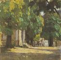 Carl Moll, Bei der Pfarrkirche in Waidhofen an der Ybbs, 1938, Öl auf Holz, 35 × 35 cm, Privatb ...