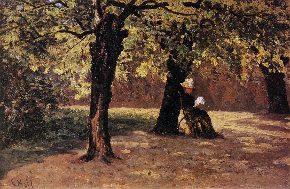 Carl Moll, Lektüre im sonnigen Park, 1890 um, Öl