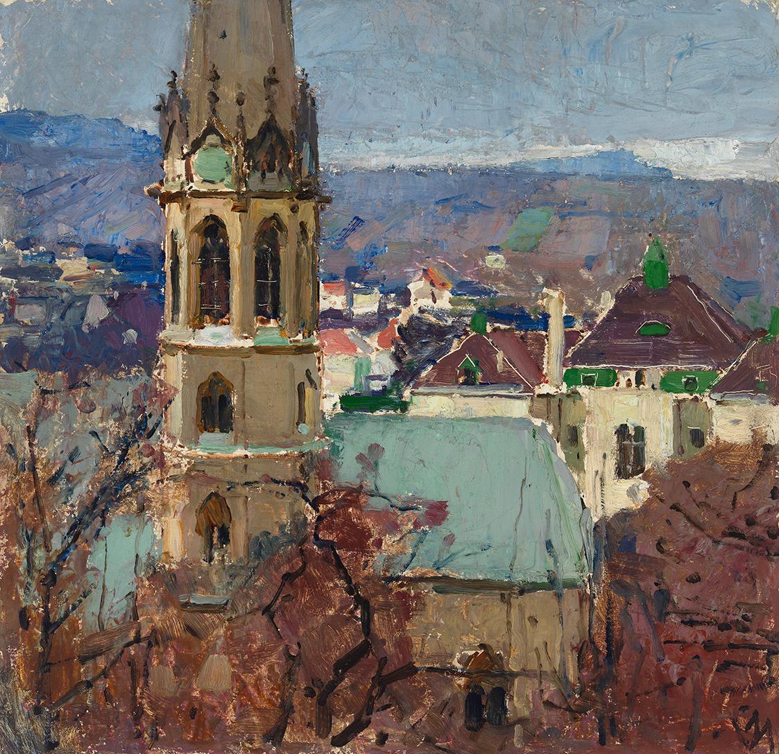 Carl Moll, Blick auf St. Michael in Heiligenstadt, 1915 um, Öl, Unbekannter Besitz