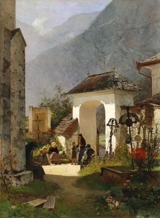 Carl Moll, Vor der Kirche in Unterach, 1890, Öl auf Holz, 66,5 × 49,5 cm, Privatbesitz Wien, co ...