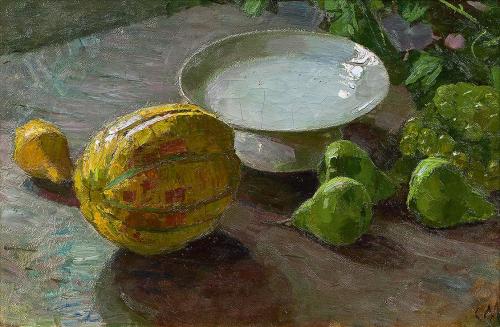 Carl Moll, Stillleben mit Melone und Birnen, 1930, Öl auf Leinwand, 40 × 59 cm, Unbekannter Bes ...