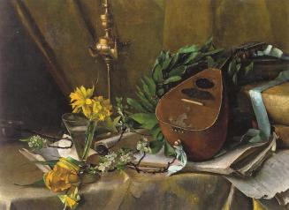 Carl Moll, Stillleben mit Laute, Öllampe und Lorbeer, 1892, Öl auf Leinwand, 59,9 × 79 cm, Priv ...