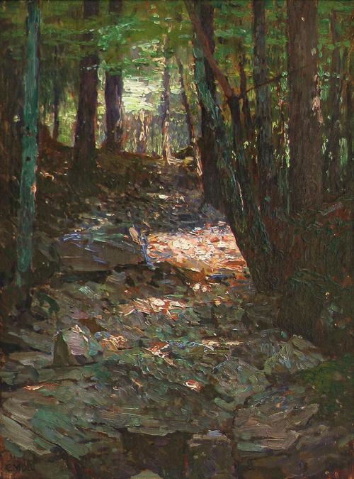 Carl Moll, Waldeinblick, 1912 um, Öl auf Holz, 35,5 × 26,5 cm, Privatbesitz Wien