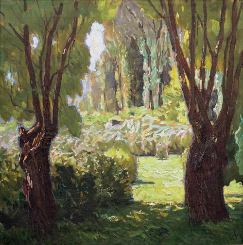 Carl Moll, Weiden, Julisonne II, 1922 um, Öl auf Leinwand, 59,5 × 59,5 cm, Privatbesitz Wien