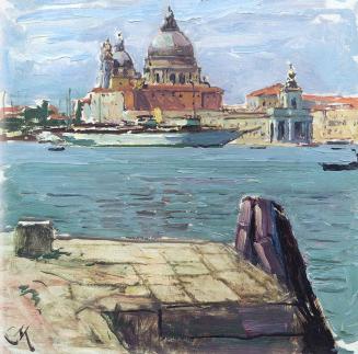 Carl Moll, Venedig, Blick auf die Salute von der Giudecca, 1922 um, Öl auf Holz, 34,7 × 35,5 cm ...