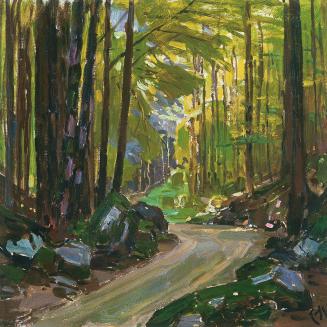 Carl Moll, Sonnendurchflutete Waldlichtung, 1924 um, Öl auf Holz, 34,5 × 35,5 cm, Privatbesitz  ...