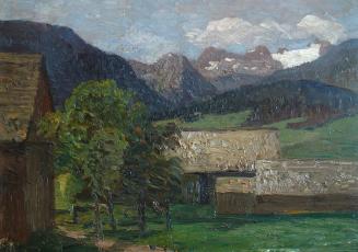 Tina Blau, Hütten in Taufers, 1900, Öl auf Holz, 24 × 33 cm, Privatbesitz