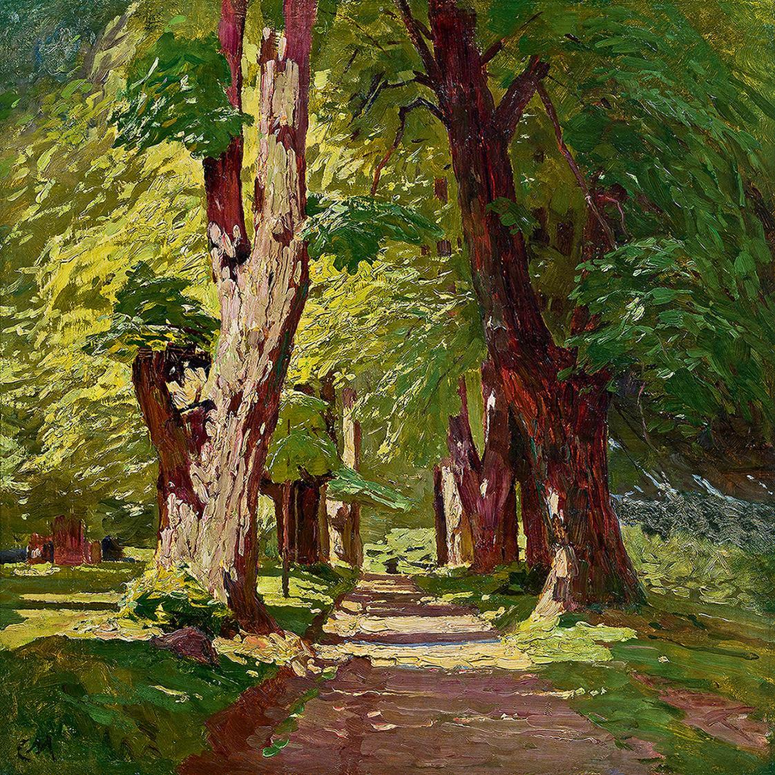 Carl Moll, Waldweg im Prater, 1921 um, Öl auf Leinwand, 60 × 60 cm, Kunsthandel Freller Antikha ...