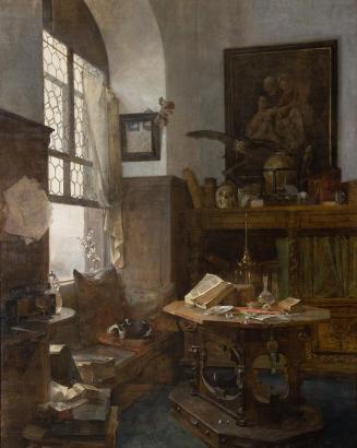 Carl Moll, Gelehrtenstube mit Katze, 1890, Öl auf Leinwand, 250,2 × 199,4 cm, Gift of J. L. Bra ...