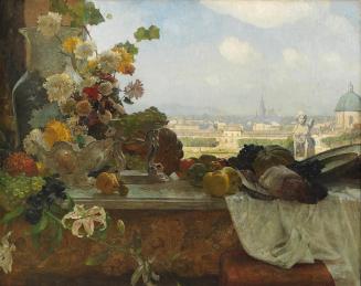 Carl Moll, Großes Stillleben aus Früchten und Blumen mit Blick auf Wien vom Belvedere aus, 1895 ...
