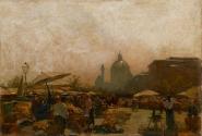 Carl Moll, Wiener Naschmarkt mit Karlskirche, 1894, Öl auf Leinwand, 56 × 83 cm, LENTOS Kunstmu ...