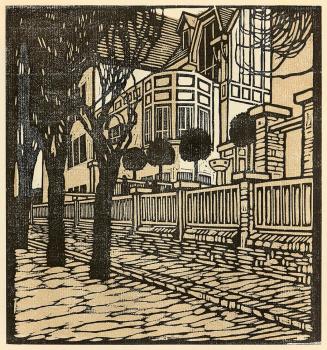 Carl Moll, Wohnhäuser auf der Hohen Warte, 1903, Farbholzschnitt, 2färbig, auf Papier, Blattmaß ...