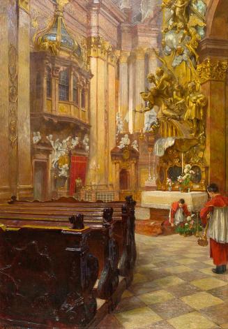 Carl Moll, In der Peterskirche in Wien, 1898, Öl auf Leinwand, 150,5 × 95 cm, Kunsthandel Frell ...
