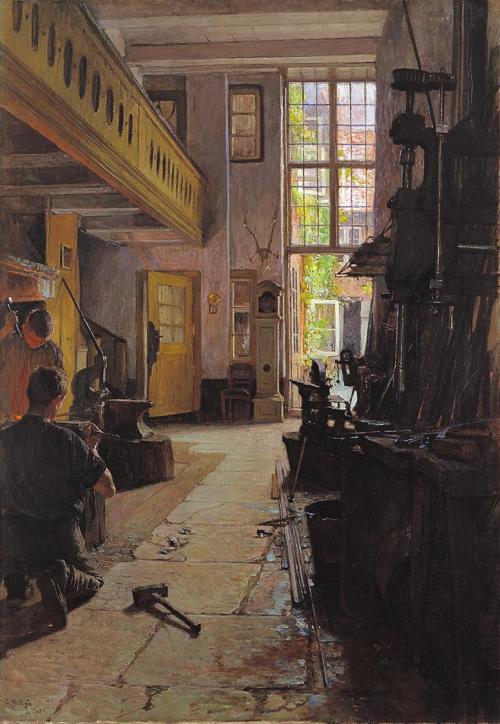 Carl Moll, Schmiede in Lübeck, 1896, Öl auf Leinwand, 100 × 70 cm, Privatbesitz, courtesy Kunst ...