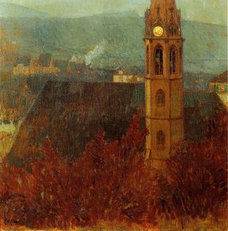 Carl Moll, Heiligenstädter Pfarrkirche im Herbst, 1904 um, Öl auf Holz, 34 × 36 cm, Unbekannter ...