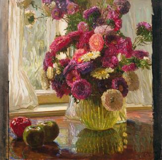Carl Moll, Zwei Blumenvasen mit Dahlien und Äpfeln am Fenster, 1931 um, Öl auf Leinwand, 60 × 6 ...