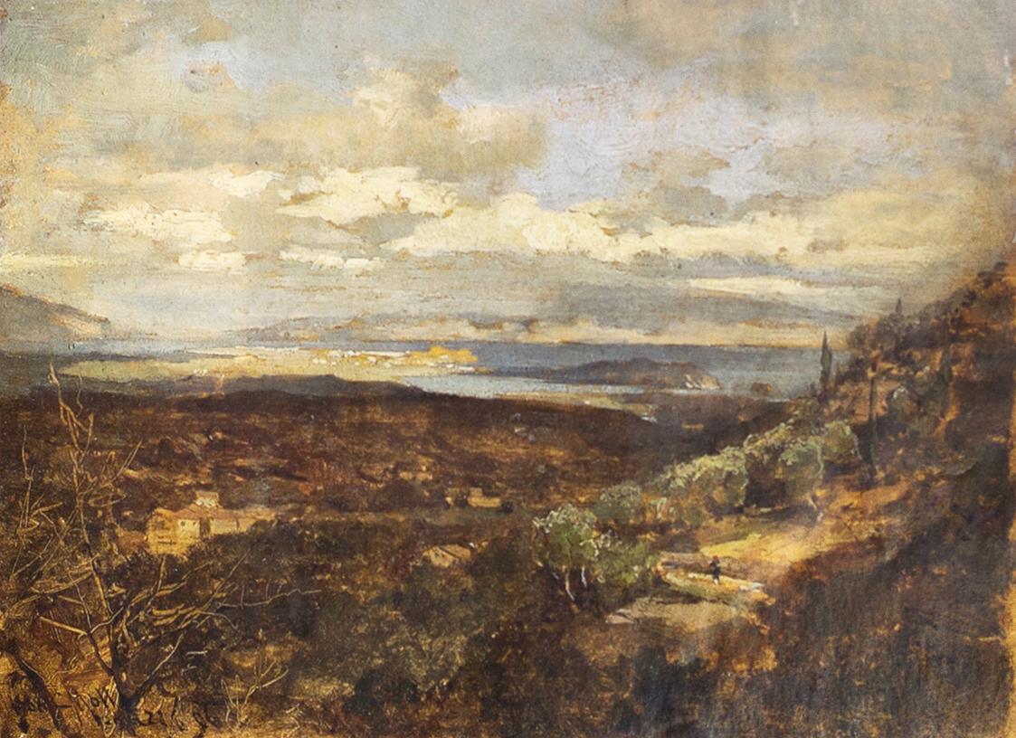 Carl Moll, Blick auf Korfu, 1888, Öl auf Holz, 17 × 23 cm, Unbekannter Besitz