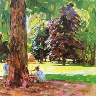 Carl Moll, Spielende Kinder an einem Sommertag im Wiener Prater, 1928 um, Öl auf Holz, 34,7 × 3 ...